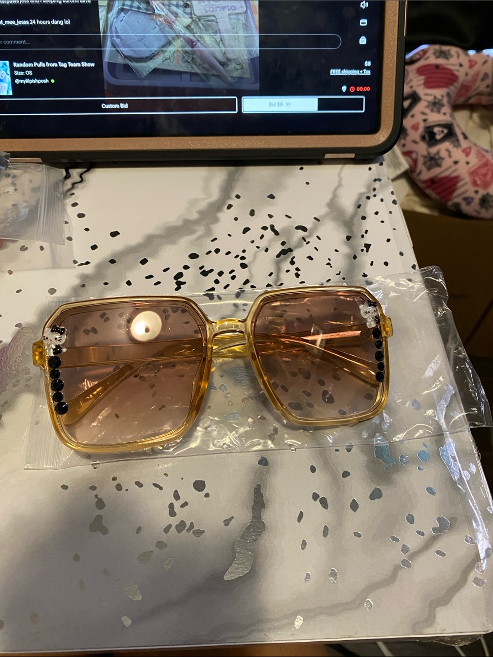 NWOT Square Amber-brown Fashion Sunglasses with Decorative Studs